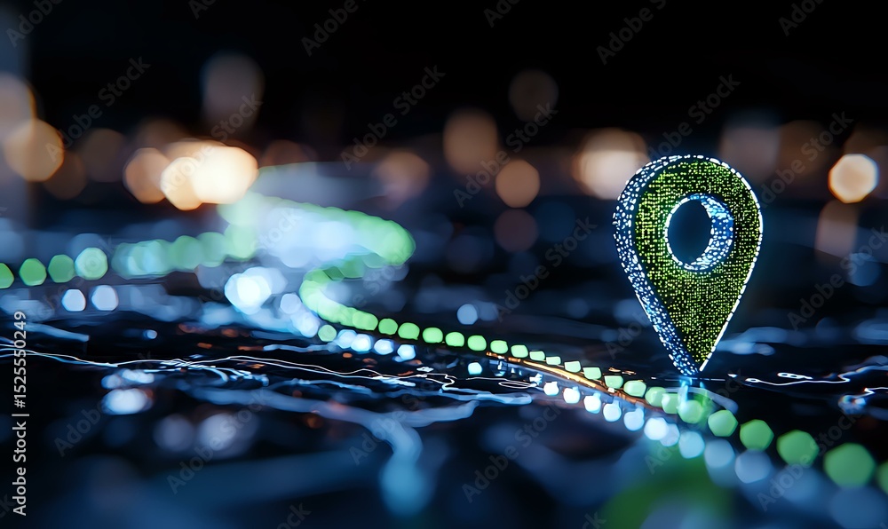 Poster glowing green location pin marker on digital map with illuminated navigation path and blurred city l