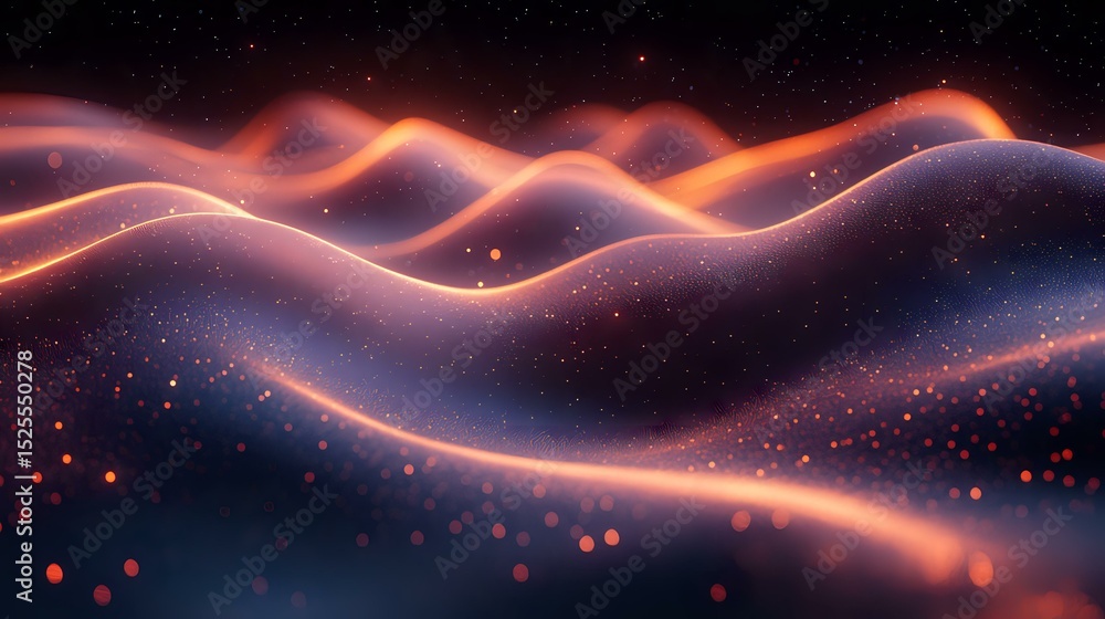 Poster glowing orange and purple waves with sparkles on dark background create mesmerizing abstract landsca