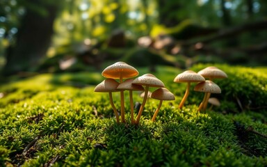 Fototapeta premium Close-up of wild mushrooms on a damp forest floor with moss and soft daylight. Sharp DSLR clarity, no text, no people, high-detail natural textures, clean background, evergreen nature.