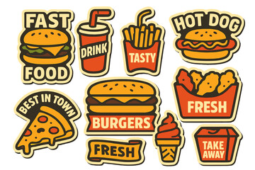 Retro fast food stickers come in a vector set, complete with colorful patch badges suitable for a junk food cafe