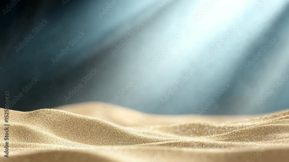 Poster Sunlit Sands: A serene desert scene with sun rays illuminating the soft, undulating dunes, creating a captivating play of light and shadow.
