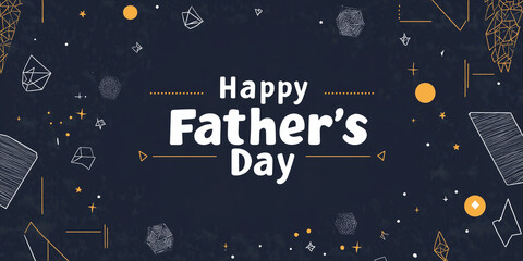 Modern minimalist Father's Day banner with bold white lettering "Happy Father's Day" on a matte charcoal background, geometric patterns in corners, and gold accents.