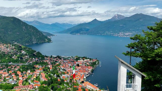 aerial panoramic view of lake Como in Italy, Menaggio luxury resort on Como lake, idyllic vacation in Italian alps