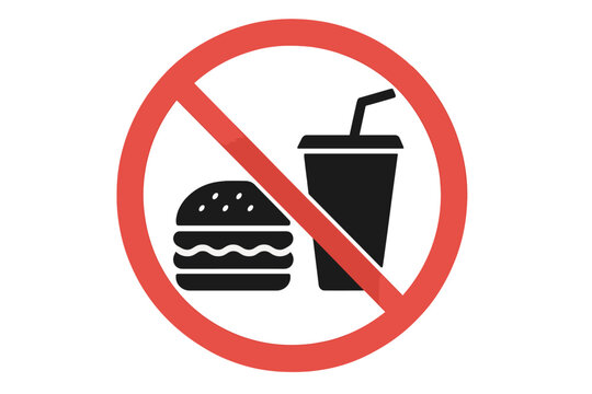 A sign prohibiting food and drink, represented by a red circle with a black center, isolated on a white background as a vector illustration