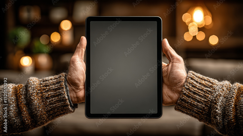Poster man hands with tablet computer with empty white screen. african american person hands hold and use d