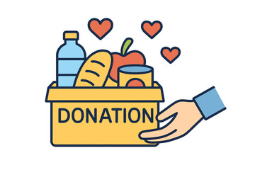 A hunger support program is represented by an isolated vector illustration of a box with a meal and hearts, embodying humanitarian assistance, volunteer activity, and charity food collection, all