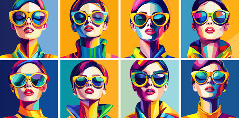 Avantgarde portraits stylish women bold glasses cartoon vector set. Female geometric shapes edgy fashion unconventional beauty modern contrast woman makeup characters conceptual glamour