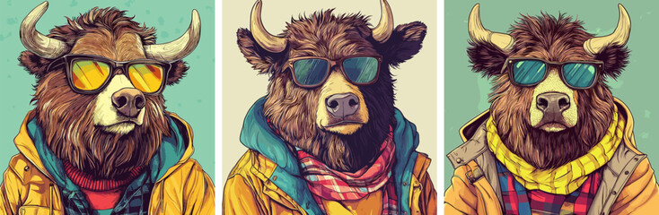 Bull hipster cartoon concepts. Jacket sunglasses stylish horned cow fashion cattle animal funny character, vibe urban cowboy modern casual clothes beast portraits vector artworks
