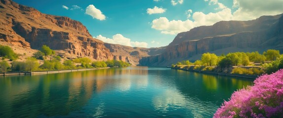 Fototapeta premium A river flowing through a canyon with cliffs and lush greenery, under a partly cloudy sky, and pink flowering bushes in the foreground.