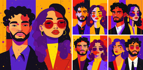 Business woman and man cartoon portraits. Male female beard glasses long hair entrepreneur trendy sharp suit office attire strong leader corporate fashion elegant characters vector concepts