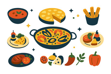 Vector illustration of a bundle of traditional Spanish meals, including paella, gazpacho, tortilla, churros, tapas, and an assortment of meat and vegetable dishes, in a flat cartoon design