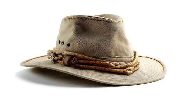 A safari hat shown isolated against a pure white background .