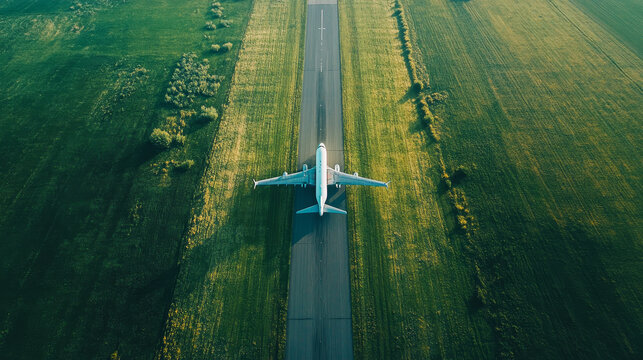 Fototapeta Top view of an airplane on the road 