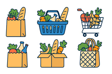 Vector cartoons of paper grocery bags, baskets, a shopping cart, a box, and a turtle bag filled with healthy food are shown isolated on a white background