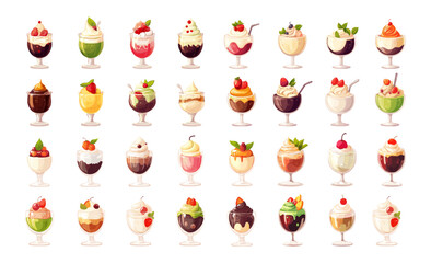 Delicious ice cream cartoon vector set. Creamy dessert sweet treat cold delight colorful scoops waffle cone chocolate drizzle strawberry swirl vanilla caramel topping sprinkles melting summer snack