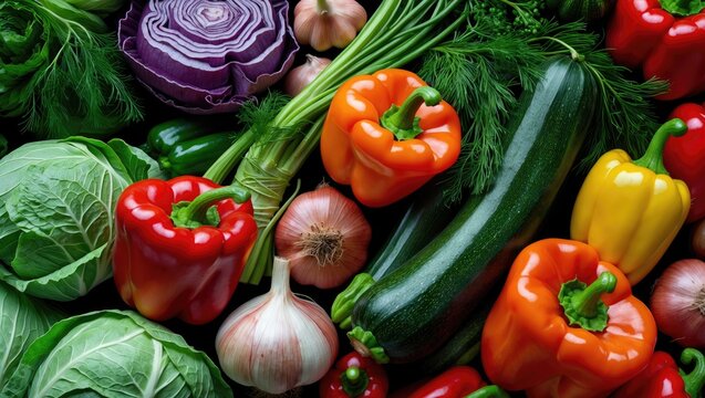 Fresh vegetables including red, yellow, and orange bell peppers, cabbage, zucchini, garlic, and onions.