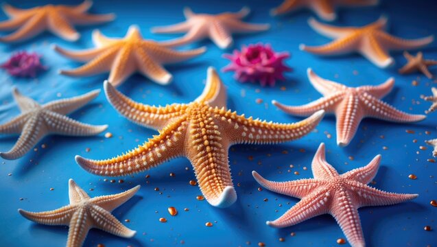 A variety of starfish and colorful sea stars displayed on a blue surface.