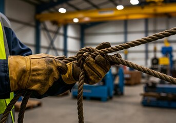 Industrial worker in gloves tying heavy-duty steel rope in warehouse environment