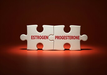 Hormonal balance concept with estrogen and progesterone represented as interlocking white puzzle pieces on a red background under soft spotlight
