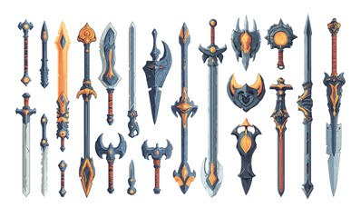 Enchanted swords cartoon vector set. Blades fantasy weapons magical runes ancient artifacts heroic legends mystical energy legendary craftsmanship elven steel dragon forged divine power isolated
