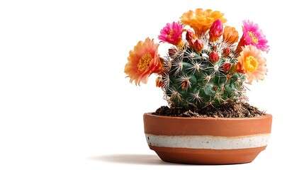 Fototapeta premium A small potted cactus with colorful flowers, on a white background .