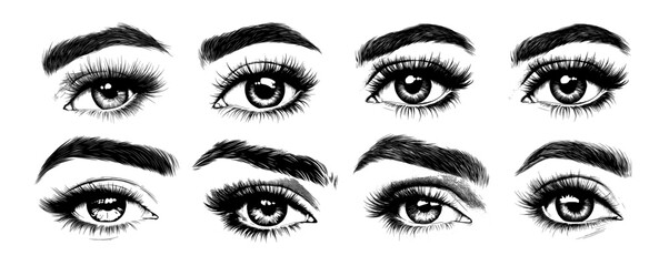 Expressive female eye black ink sketch vector set. Eyelashes arched eyebrow intense gaze emotional look makeup beauty feminine charm soulful depth brow hairs romantic mood human connection