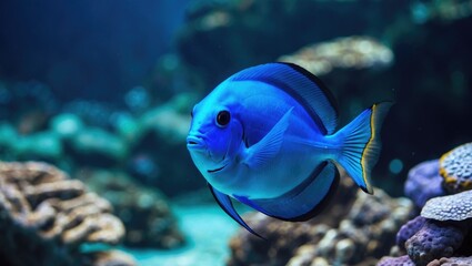 Obraz premium Colorful tropical fish swimming among corals in an underwater scene. Marine life and reef ecosystem. Ocean habitat. The vibrant and diverse marine environment.