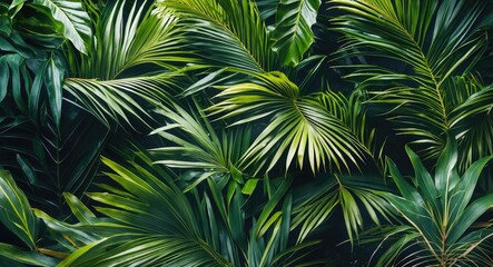 Dense tropical plants with lush green leaves, creating a vibrant jungle scene.