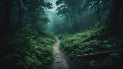 Obraz premium A forest trail through lush green trees and dense foliage, with a misty atmosphere creating a serene and mysterious woodland scene.