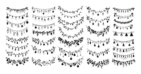 Festive garlands back vector set. String bulbs cable wire electricity lights holiday decor twinkling party indoor outdoor glow christmas diy crafts patio bright lanterns isolated illustration on white