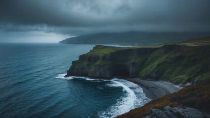 Coastal landscape with green cliffs under dark storm clouds, rugged coastline, and turbulent sea. Nature scenery with dramatic weather and scenic views.
