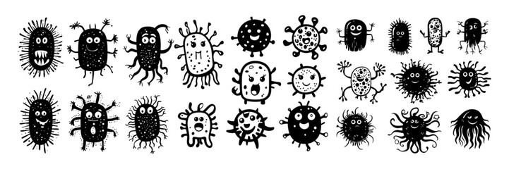 Germs funny microbes black ink vector set. Bacteria viruses pathogens cute microorganisms comic science humor health pandemic kawaii sickness silly faces anthropomorphic isolated