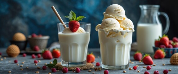 Fresh strawberry and vanilla ice cream desserts with garnishes and accompaniments in a rustic setting.