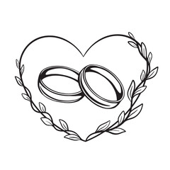 Minimalist illustration of heart shape with two intertwined wedding rings framed by elegant leafy branches. Perfect symbol of everlasting love, marriage, wedding invitation, union and meaningful conne