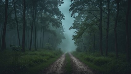 Fototapeta premium A forest path through dense trees in misty, foggy weather with lush greenery.