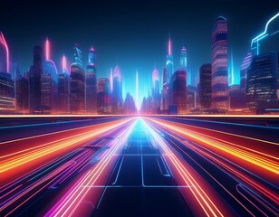 futuristic cityscape at night with neon lights and motion trails
