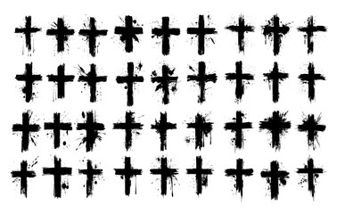 Grunge cross black ink vector set. Religion punk aesthetic rebellious symbolism dark faith torn edges sacred splatters rough brush strokes street art gothic eroded surface edgy monochrome isolated
