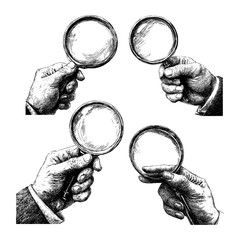 Hand holding magnifying glass engraving vector set. Detective tool close up view investigation detailed search mystery forensic analysis vintage lens focus clue evidence sherlock discovery isolated