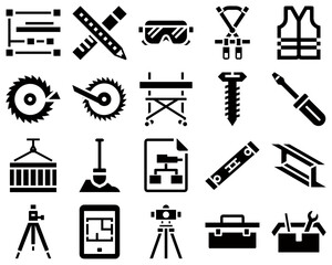 Engineering tools icon set featuring safety gear and measuring instruments