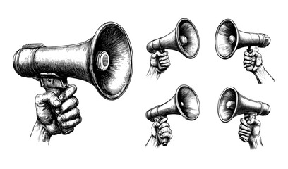 Hand holding megaphone loud announcement engraving vector set. Protest symbol activist tool communication device rally call public speech shouting message crowd amplifier political demonstration