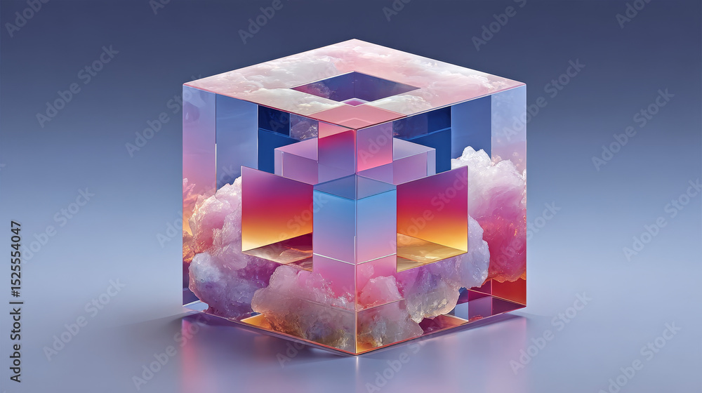 Aufkleber 3d holographic cube shape abstract vector graphic isolated on transparent background. gradient geome