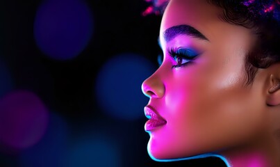 Side profile of young African American woman with vibrant pink and blue makeup against dark background with glowing bokeh lights, highlighting professional beauty artistry.