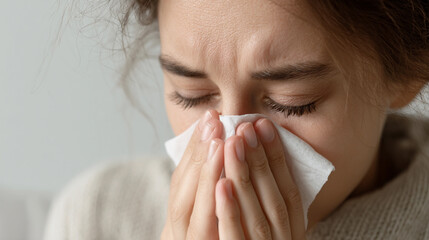 Woman with a cold blowing her nose into a tissue.
