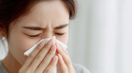 Woman Sneezing into a Tissue Indicating Cold or Allergies.