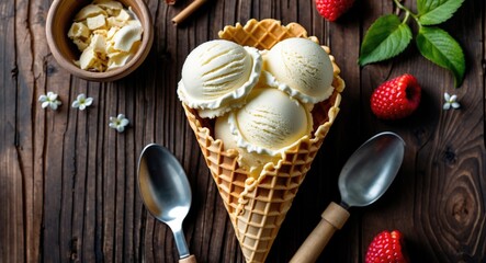 Ice cream cone with scoops, strawberries, and a bowl of butter on a wooden surface. Dessert and sweet treat, food presentation, summer dessert. The concept of ice cream and desserts.