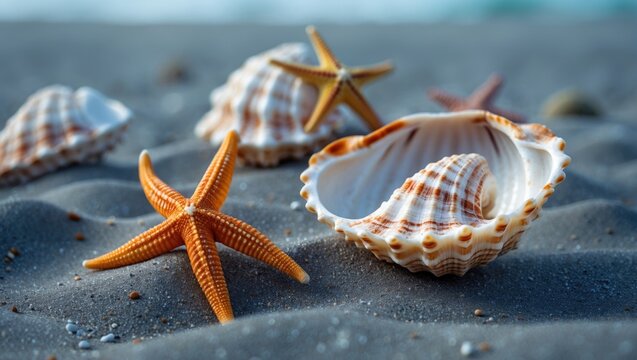 Images of starfish and seashells on sand at the beach