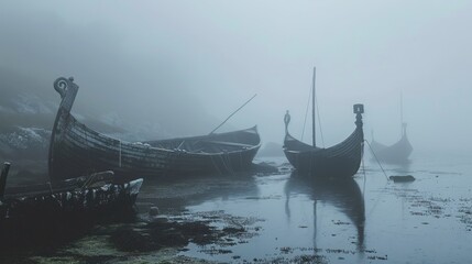 Ancient viking longships in misty fjord with dramatic fog and moody atmospheric lighting