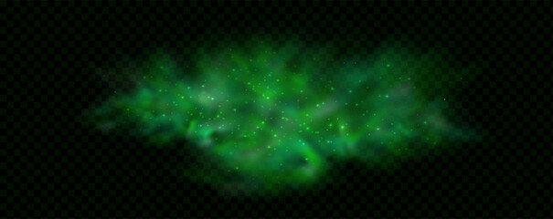 Realistic texture of mystical smoke in the background, with green fog swirling and sparkling with glowing particles, as starry neon magic dust shimmers throughout.