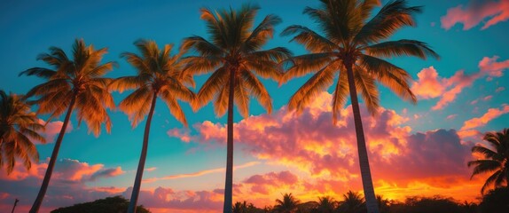 Obraz premium Tropical palm trees silhouetted against a vibrant sunset sky with colorful clouds and a gradient of warm tones.
