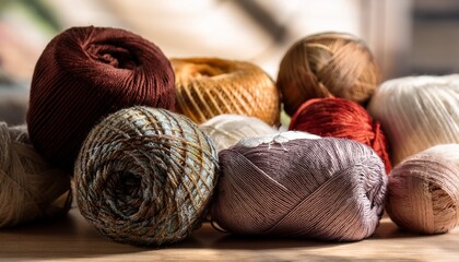 a close up of a variety of yarns on a table